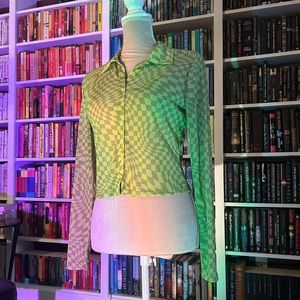 Green checkered see-through mesh trippy button up collared shirt
